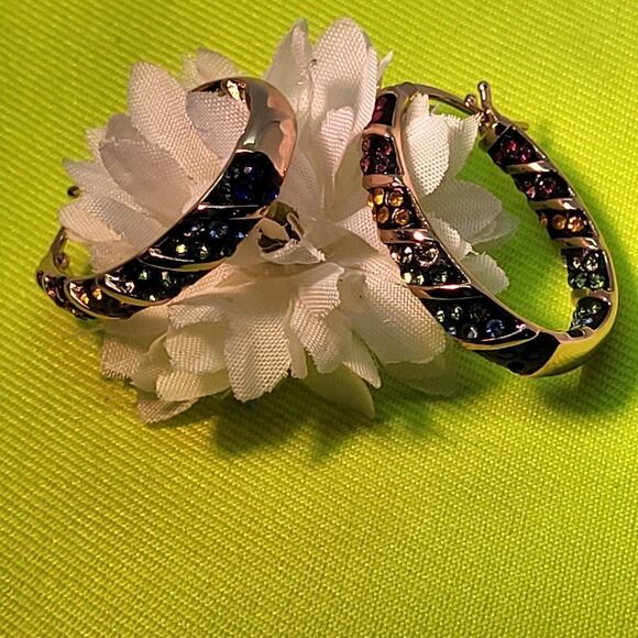 David, New, 18Kt Rose Gold Plated Austrian Crystal Inside Outside Hoop Earrings - Picture 4 of 6